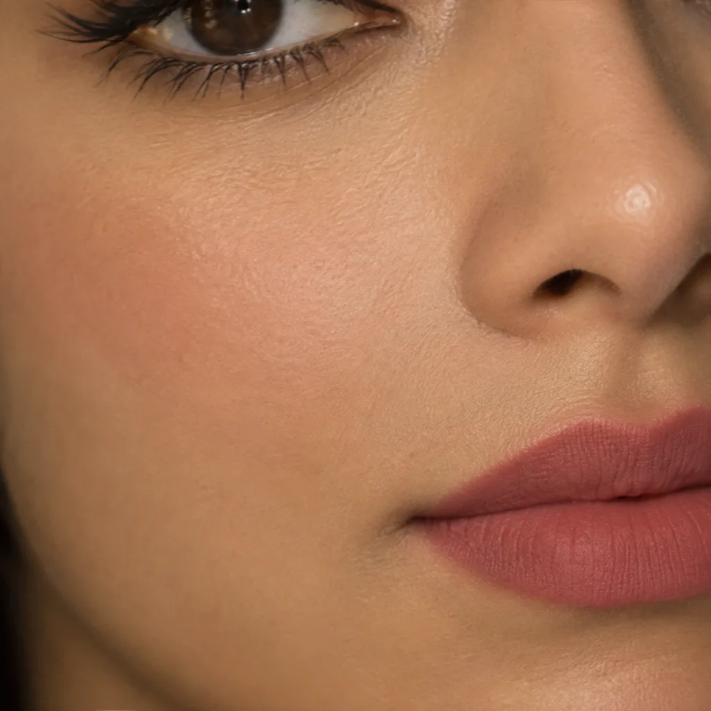 A defined lash line and a blotted lip for photography