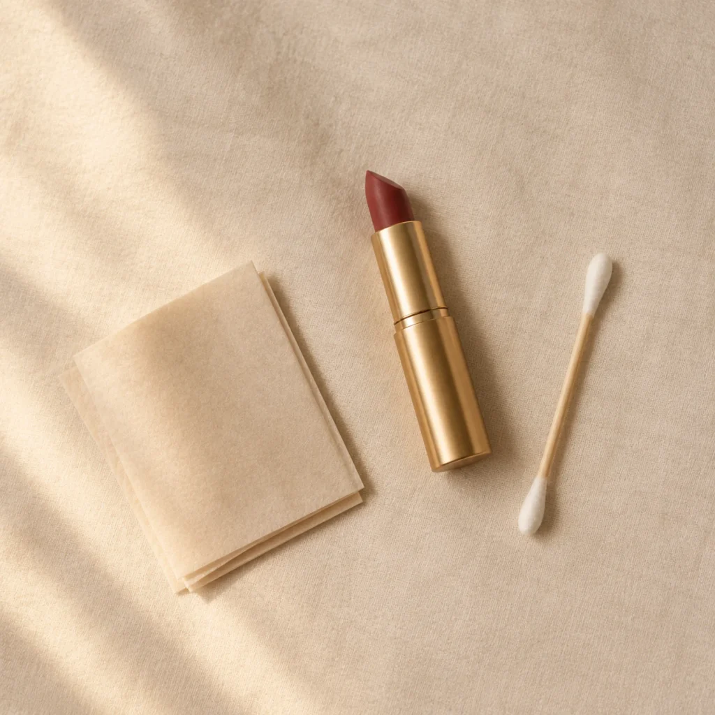 A shoot day touch up kit of blotting papers, lip color and a cotton swab