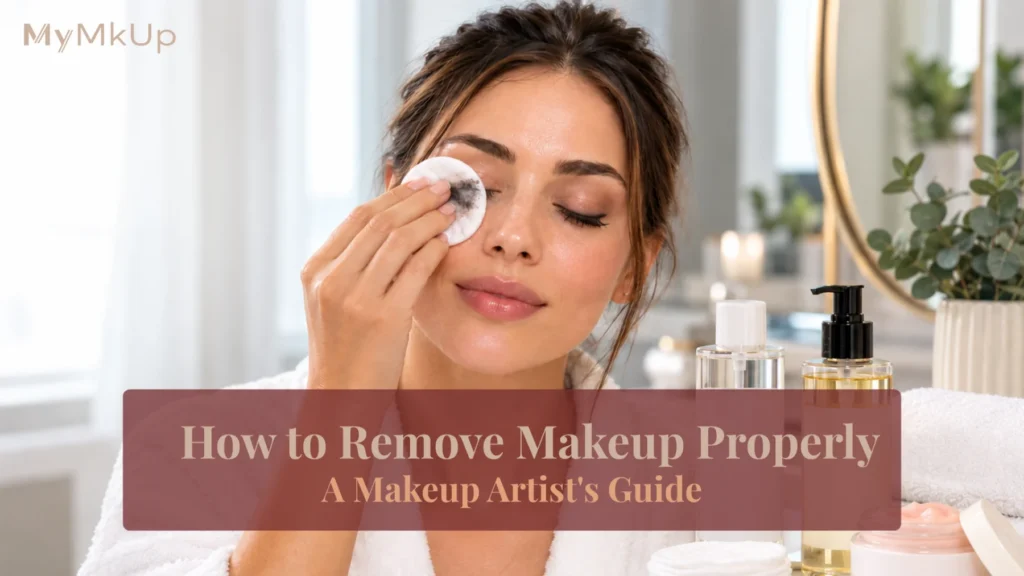 Woman removing eye makeup with a cotton pad as part of a proper makeup removal routine