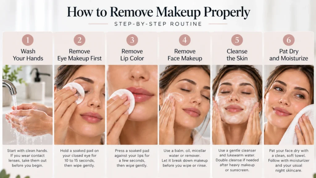 Step-by-step makeup removal routine showing hand washing, eye makeup removal, lip color removal, face cleansing, and moisturizing