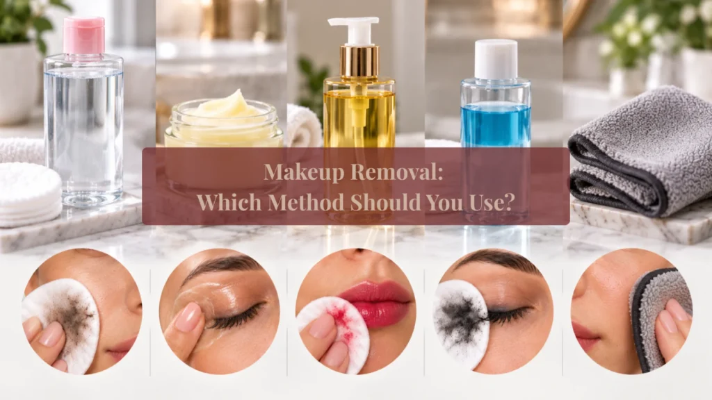 Makeup removal methods featuring micellar water, cleansing balm, cleansing oil, cotton pads, and reusable makeup removal cloth