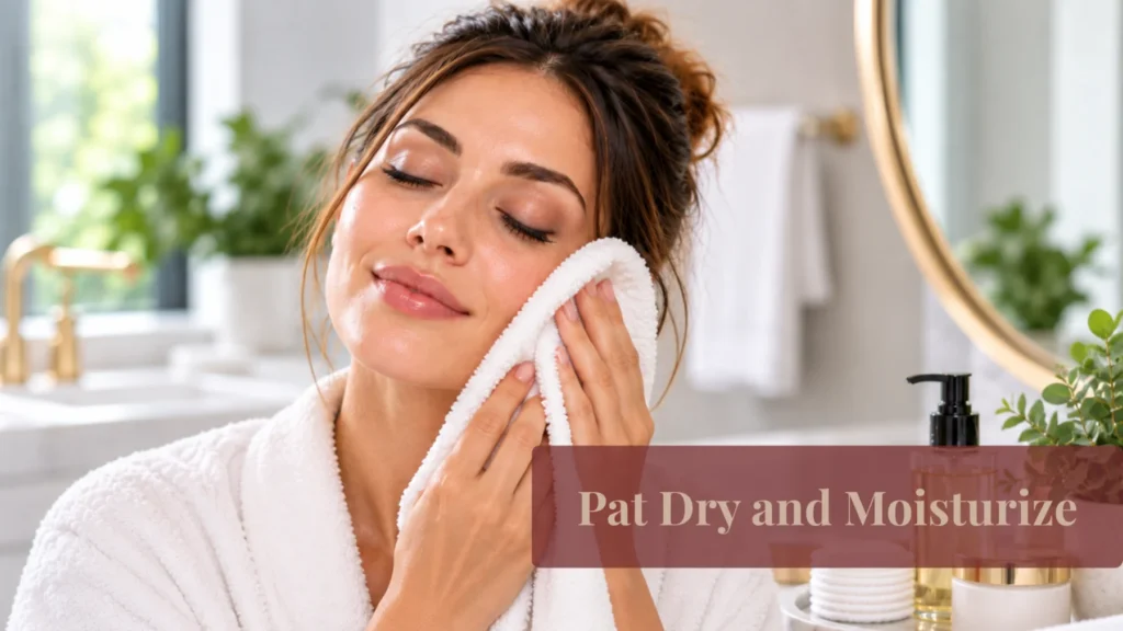 Woman gently patting her face dry with a soft towel after removing makeup
